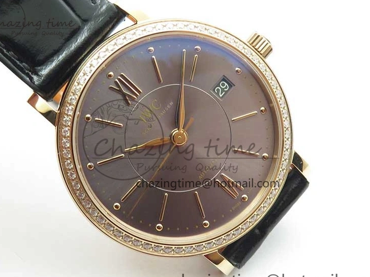 MIROTIME 1218 Durable Portofino 37mm RG V7F 1:1 Best Edition Gray Dial Diamonds Bezel on Black Leather Strap A 7089